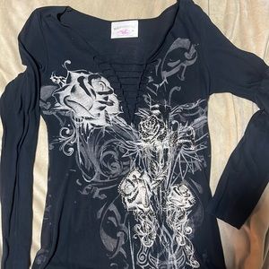 Lg sleeve black shirt cut/tied cleavage size medium with roses and rhinestones